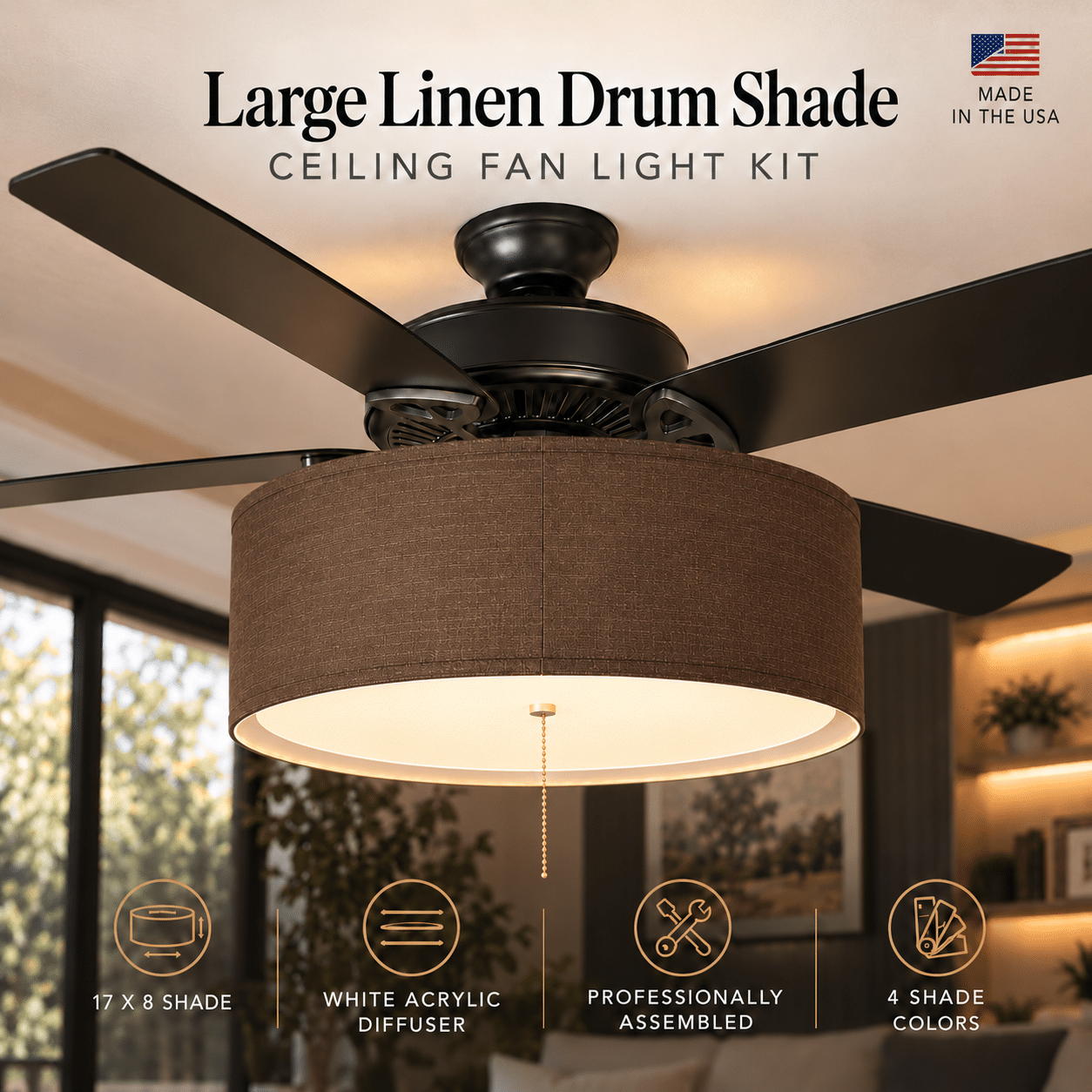 Large 17-Inch Linen Drum Shade Light Kit for Ceiling Fans