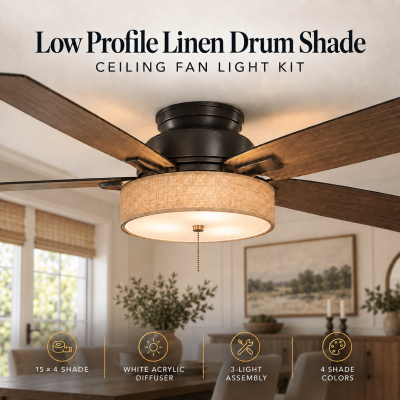 Low Profile Linen Drum Shade Light Kit for Ceiling Fans