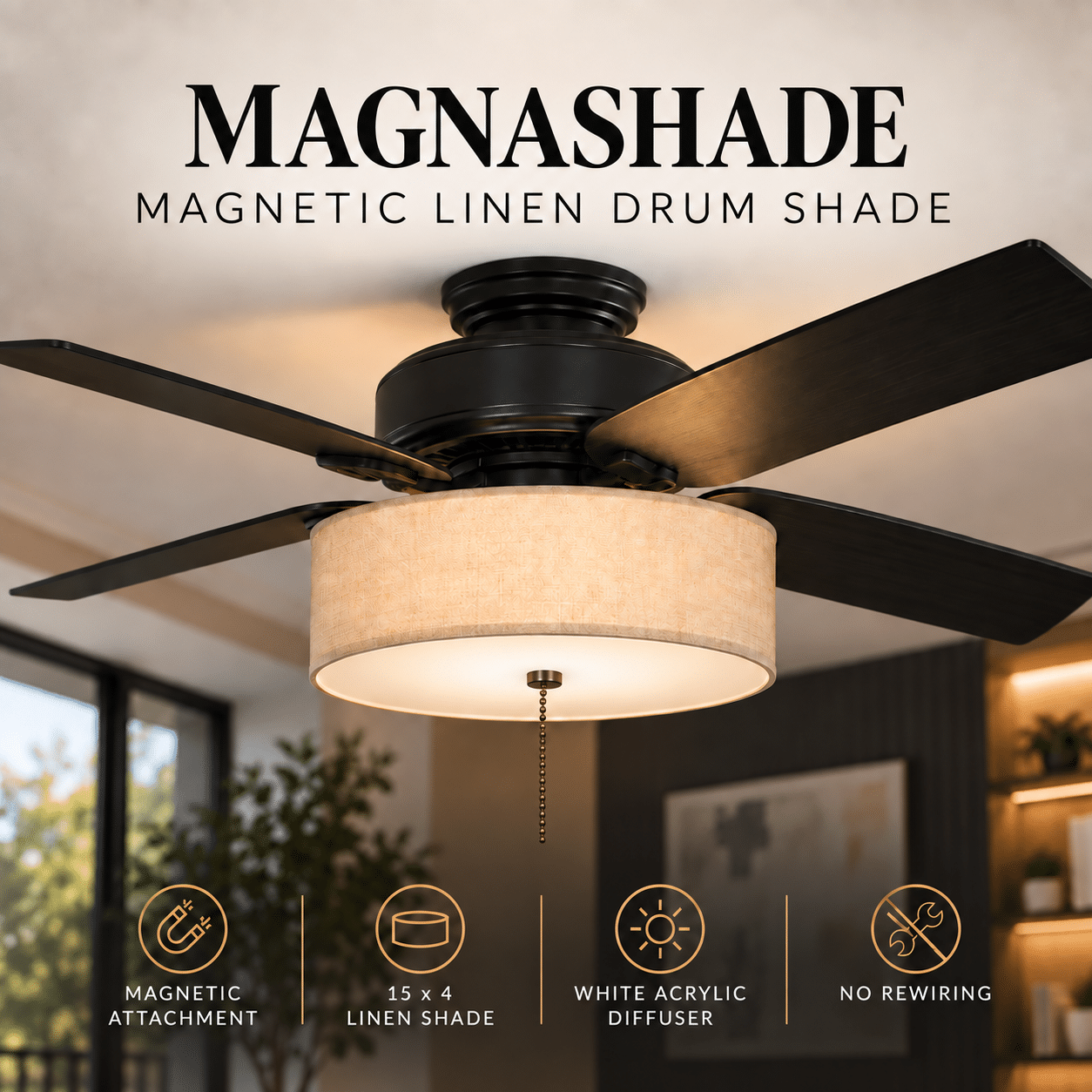 MAGNASHADE Magnetic Linen Drum Shade for Ceiling Fans
