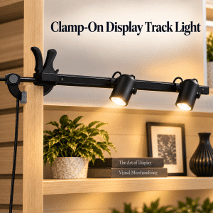 Clamp On Display Track Light mounted to a display wall with two adjustable LED heads