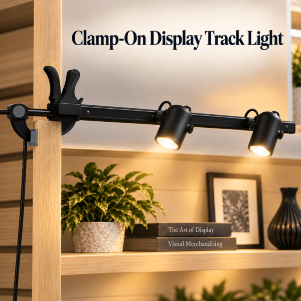Clamp On Display Track Light mounted to a display wall with two adjustable LED heads