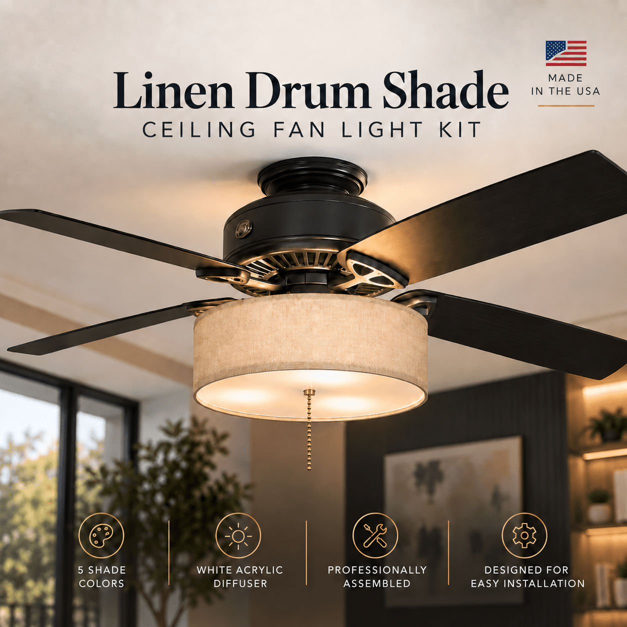 Standard Linen Drum Shade Light Kit for Ceiling Fans